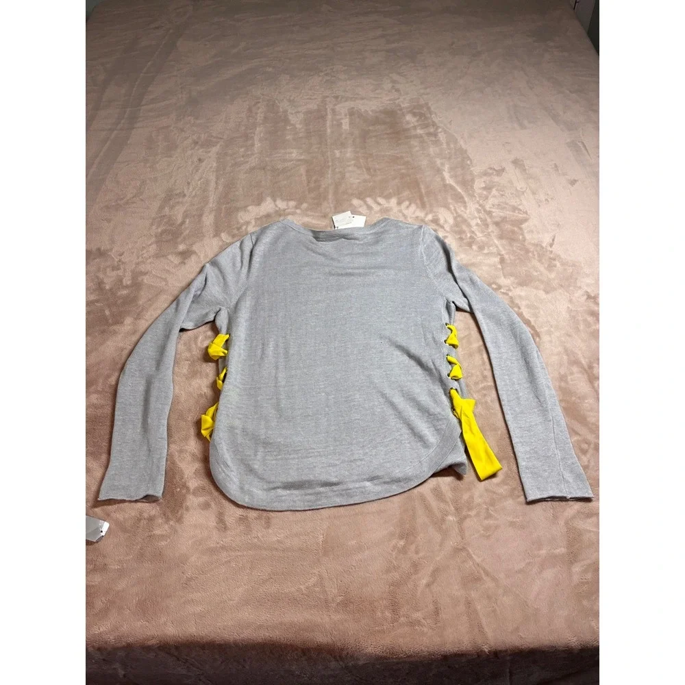 NWT Lisa Todd Explorer Knit Linen Sweater Grey Side Lace Up Yellow Ribbon M